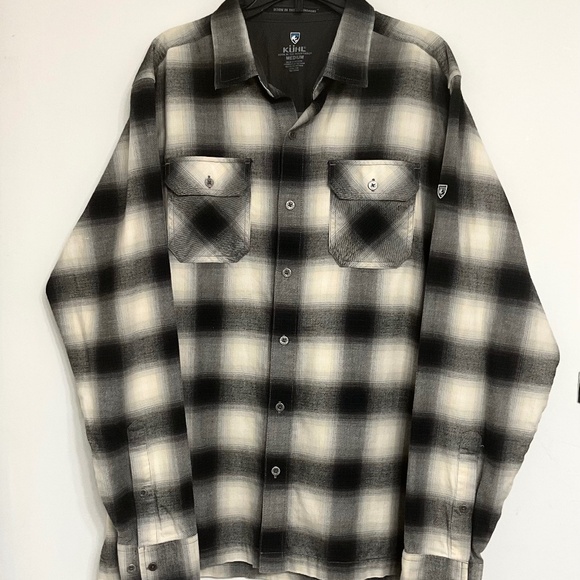 KUHL Men's Flannel Long Sleeve Shirt Plaid Blk/Wte Sz Medium - Picture 1 of 8